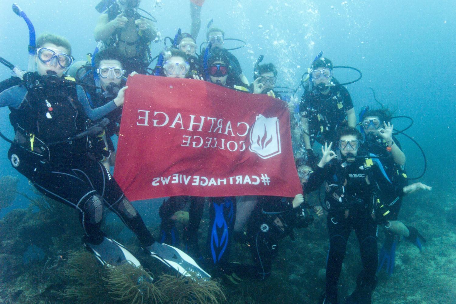 学生们手持<a href='http://z7.0412xp.net'>全球十大赌钱排行app</a>旗帜，在j学期洪都拉斯游学之旅中潜水.